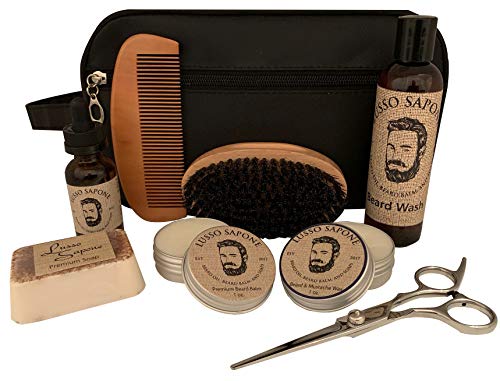 Beard Grooming Kit by Lusso Sapone Sandalwood Scent with All Natural Jojoba Oil Softens and Promotes Beard Growth.
