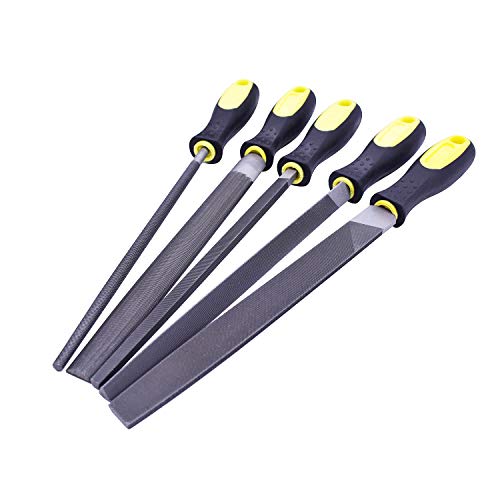 Fatmingo 8 inch High Carbon Steel Metal File Set Rubber Handles Flat Round Half Round Square Triangular Rasp Files for Metal, Woodwork, a Storage Pouch and a Cleaning Brush