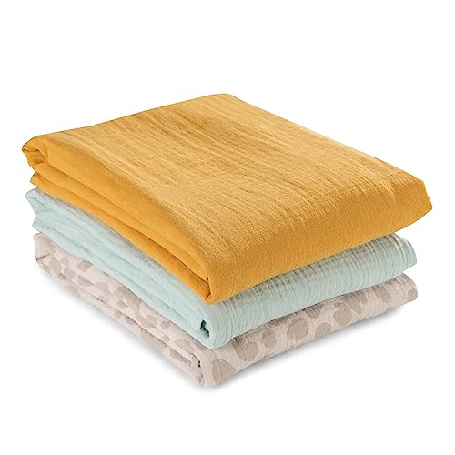 hauck (Lot de 3) Lange Bebe 4en1 Cuddle N Clean, en 100% Coton Mousseline, 80x80 cm, Lavable, Doux et Multi-Usage - Honey Mint Leo Natural