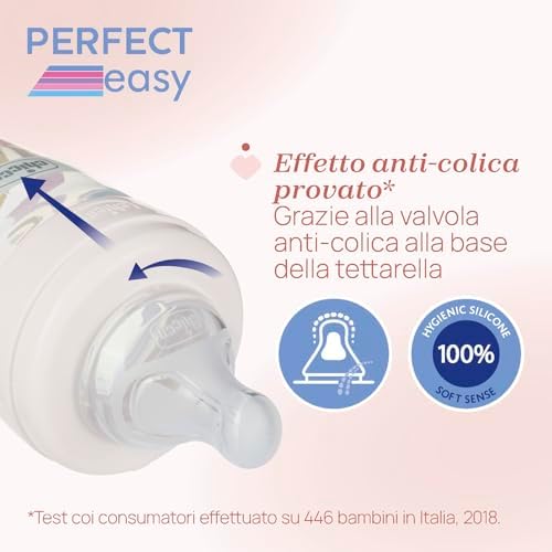 Biberon Perfect Easy Flusso Veloce, con Tettarella Physio in Morbido Silicone Soft Sense, Anticolica, Riduce Rigurgito e Irritabilità, Bottiglia in Plastica da 330ml, 4 Mesi+, Bambino
