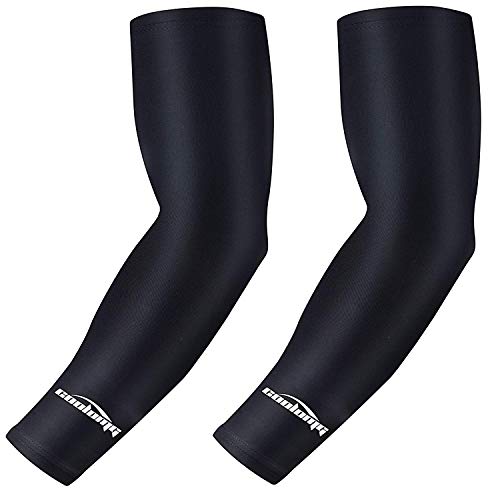 COOLOMG (1 Pair) Solid Color Pro-Fit Sun Protection Cooling Compression Arm Sleeves, Youth & Adult Sizes Black L