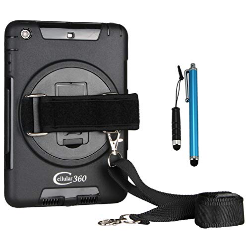 Cellular360 Shockproof Case for Apple iPad Mini 1 iPad Mini 2 iPad Mini 3, Car Headrest Mount Case with 360 Degree Rotatable Kickstand, Adjustable Handle and Shoulder Strap (Black)