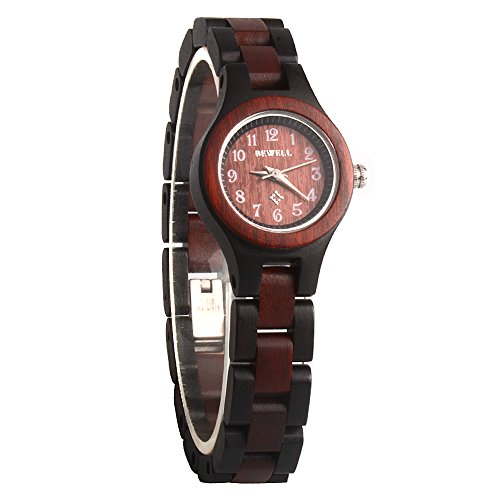 Bewell Wooden Watch Women W123A Wood Watch Small Dial Simple Wristwatch for Ladies (black and red)