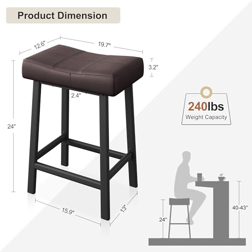 Garvee 61cm Counter Height Bar Stools, Faux Leather Saddle Seats with Black Metal Legs, Modern Upholstered Kitchen Island or Dining Counter Stools, Set of 2, Brown