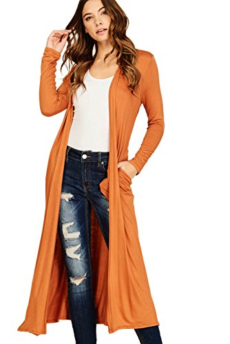 Annabelle Women's Comfy Long Sleeve Open Front Side Slit Duster Cardigan With Pockets Pumpkin Medium T1163B - Thumbnail 4