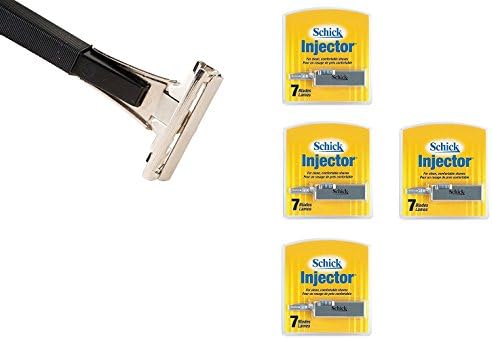 Shave Classic Single Edge Razor Handle with Schick Injector Refill Blades 7 Ct. (Pack of 4) + FREE Travel Toothbrush, Color May Vary
