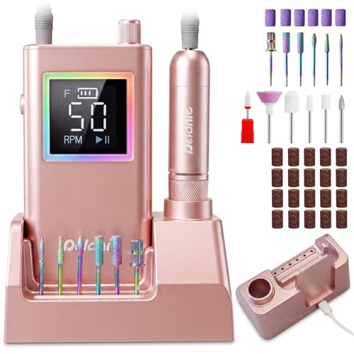 Delanie Ponceuse pour ongles Électrique Professionnel 50000 RPM avec Station de Recharge, Lime à Ongles Sans Fil pour Ongles en Acrylique Épais, 10 Heures d'autonomie, Fonction Pause, Incl. 12 Embouts