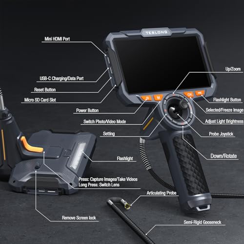 Teslong 4-Way Articulating Borescope with Dual Lens Endoscope, 1080P HD Steerable Mechanic Inspection Camera with with LED Light, See in Wall Automotive Engine Scope(0.24inch-5FT)