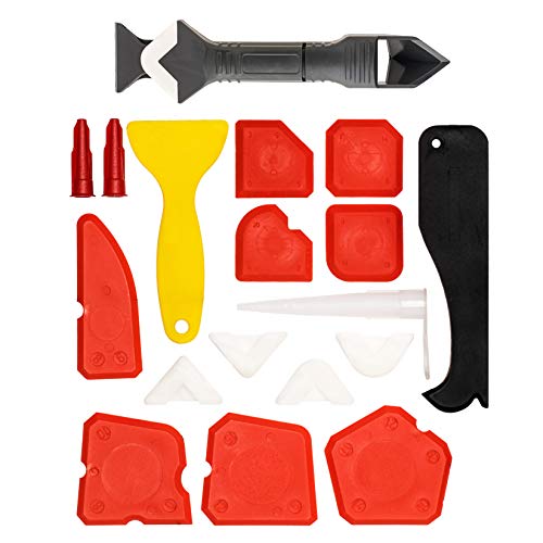 BOENFU Caulking Tool Kit 18 Pcs, 3 in 1 Caulking Tools Silicone Sealant Finishing Tool Grout Scraper Caulk Remover Caulk Nozzle and Caulk Caps 4 Replaceable Pads for Bathroom, Kitchen, Room Sealing