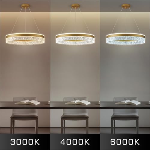 KSIBNW Dimmable LED Pendant Chandelier, Modern Chandelier Bedroom Living Room Adjustable Round Diameter 50 cm Acrylic Metal Pendant Light Gold Hanging Kitchen Lights, 3000 K/4000 K/6000 K