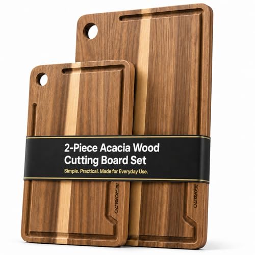 Acacia Wood Cutting Board Set of 2 for Kitchen – Natural Wooden Cutting Boards with Deep Juice Groove, Food Safe Hardwood, Large & Small Sizes (38x25cm & 30x20cm)