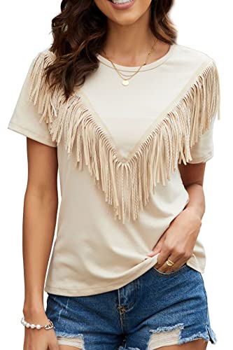 PESION Women's Fringe Trim Shirts Short Sleeve Tassel Trim Blouse T-Shirt Tops, Khaki, X-Large at Amazon
