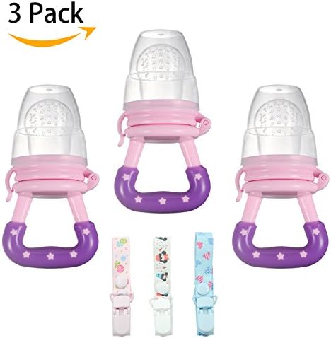 Baby Fresh Food Feeder  (Pink) with Adjustable Pacifier Clips 3 Packs, Fruit Food Nipple Teething Training Toy and Tableware, Silicone Pouches for Toddlers