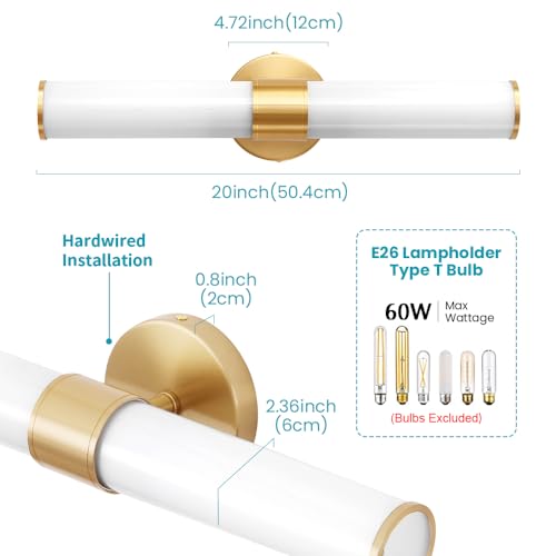Vaziden Lámparas de baño doradas, luces de tocador para espejo con pantalla de vidrio lechoso, apliques de pared de 50.8 cm arriba y abajo para baño, dormitorio, sala de estar, pasillo - Bombilla no