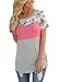 HOTAPEI Women Casual Floral Print Short Sleeve Color Block Tee Shirts Blouse Tops Pink Medium