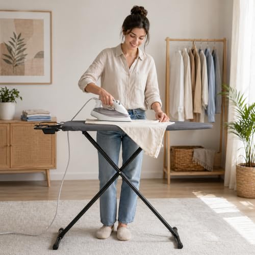 Toshionics Ironing Board with Adjustable Height - Heat Resistant Cover Iron Board with Stean Iron Stand - Non-Slip legs 7 Height Adjustable Options 90cm - Grey
