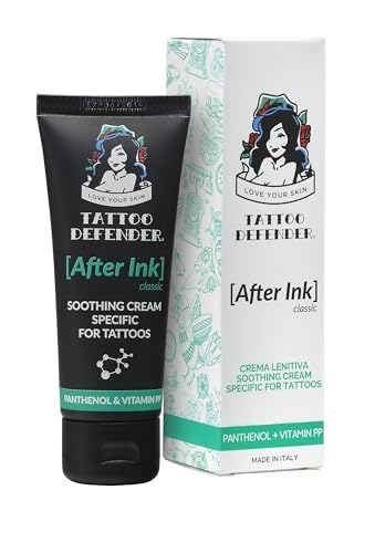 Tattoo Defender After Ink Classic - Crema Lenitiva Ed Idratante Per La Cura E La Guarigione Dei Tatuaggi, Con Acido Ialuronico, Non Macchia e Non Unge, Dermatologicamente Testata, Formato Da 50ml