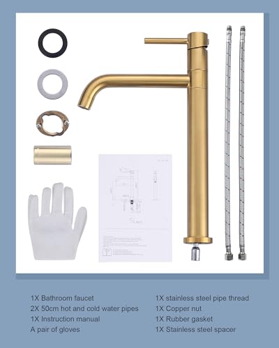 ARCORA High Basin Tap, High Single Lever Mixer, 360° Rotating, Ceramic Cartridge, Solid Brass Stainless Steel, Smooth Temperature Adjustment, for Bathroom Sink, Gold