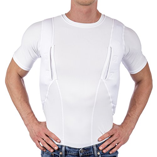 CCW Tactical Holster Shirt for Concealed Carry Compression Fit Clothing with Right and Left Hand Draw Handgun and Magazine Pockets, All Season Moisture Wicking, Mens, White, 2XL (Best Handgun For Men)