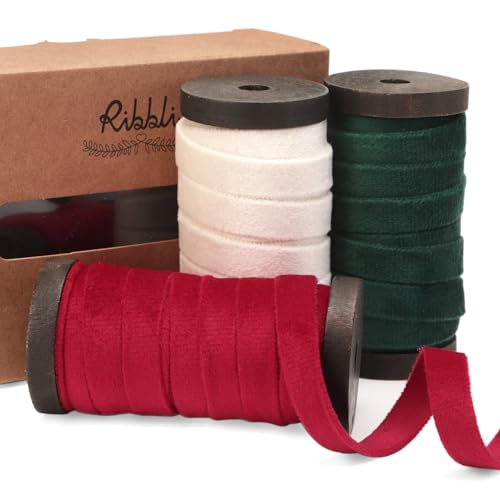 Ribbli Red White Green Velvet Ribbon 3 Rolls Double Faced 3/8 Inch 18-Yard with Wooden Spool Use for Christmas Tree Ornaments Gift Wrapping Wreath Decoration Wedding Boutonnieres