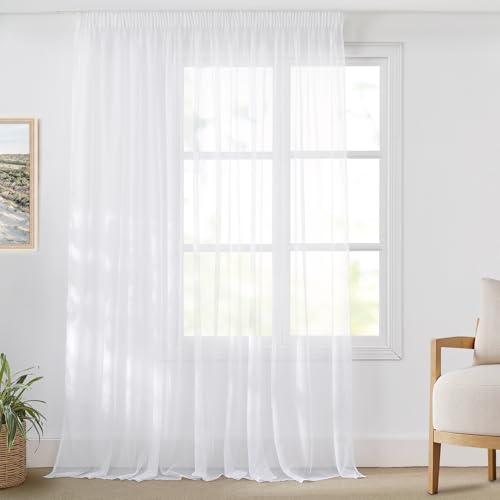 PONY DANCE Extra Wide Curtain, White, Transparent, Set of 1, H 245 x W 300 cm, Voile Curtain for Living Room & Bedroom with 3-in-1 Ruffle Tape for Rail & Pole