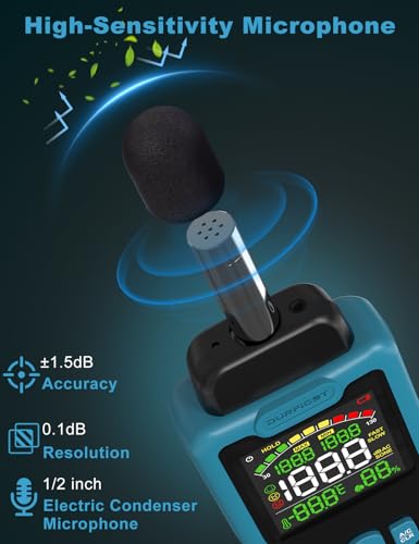 Fonometro, DURFICST Misuratore di Decibel con Misurazione di Temperatura e Umidità, 30-130 dB, Display LCD a Colori, Ponderazione A/C, Unità dB/SONE, Risposta VELOCE/LENTA, per Casa, Fabbrica, Ufficio