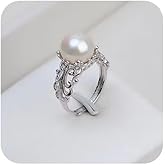 925 Sterling Silver Floral Pearl Ring, Vintage Open Band White Pearl Jewelry with Platinum Plating, Adjustable Nature-Inspired Statement Ring