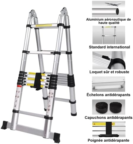 Escalera telescópica de Aluminio de 5 m, Capacidad de Carga de 150 kg, Escalera Plegable 2 en 1, Escalera multifunción de Aluminio, para Interiores y Exteriores
