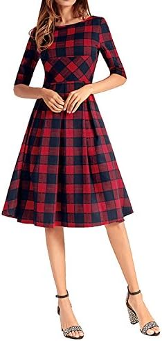 AELSON Women Half Sleeve A Line Dress Casual Plaid Midi Dress