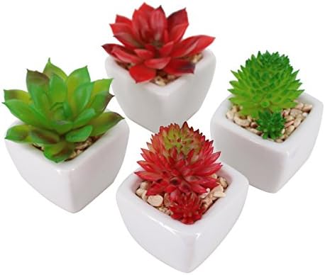 Pack of 4 Small White Ceramic Planter Pots with 4 different Artificial Succulent Plants for Home Decoration