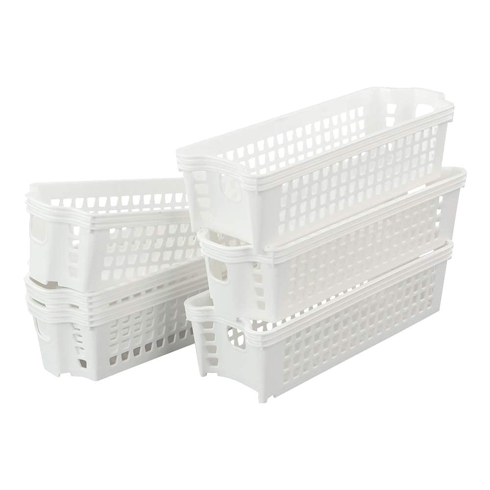 Ponpong Set of 6 White Small Slim Storage Baskets, Plastic Cupboard Organizer Basket