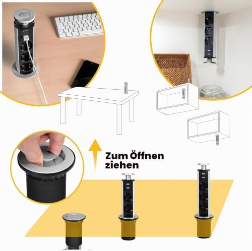 - Versenkbare Steckdosenleiste Schnellladung, 3 EU Schuckosteckdosen, 2 USB A + 1 USB C, versenkbare einbausteckdose, Metallic-grau, Kunststoff, Aluminium