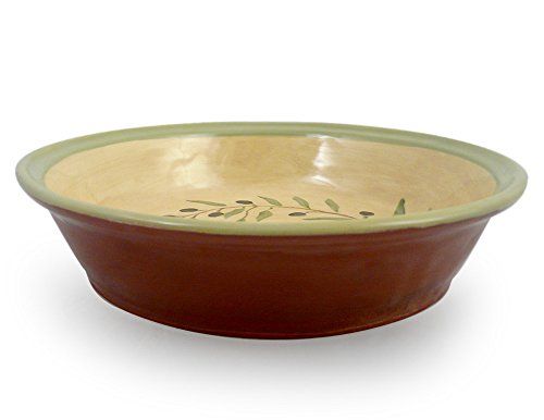 American Made Terra-cotta Pottery Deep Dish Pie Plate, 9.5-inch, Mediterranean Olive Branch Motif