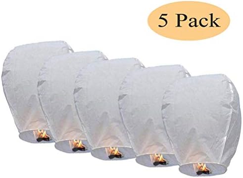 EAGKORD 5 Pack Chinese Sky Lanterns, 100% Biodegradable Flying Paper Lanterns Wishing Lantern Lamp with Candle Great for Birthdays, Holidays, Weddings, Memorials - White