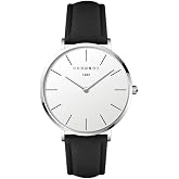 CHRONOS Mens Minimalist Analog Watch, Stainless Steel Watches for Men, White Dial, Leather Band, 3ATM Water Resistant Classic Business Casual Dress Unisex Wrist Watch
