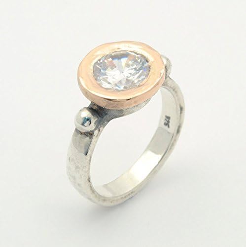 Women Gold and Silver CZ Engagement Ring, Bezel Set CZ ring, CZ silver Ring, Bezel set Gold Ring, Silver and gold ring, Gold and gemstone ring, Gold Hammered Ring