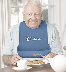 Washable Silicone Adult Bib with Pocket Waterproof Clothing Protector Reusable Apron Mealtime Crumb Catcher for Elderly Disability Stroke Facial Paralysis Patients