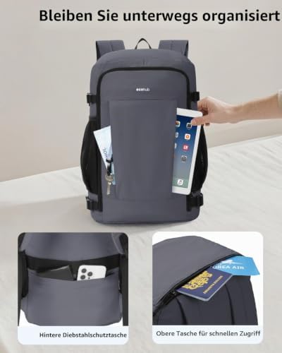 für Ryanair Handgepäck Rucksack 40x30x20, Leicht & Reißfest Kabinenrucksack für Herren auf Flugreisen, 2-in-1 Faltbar Flugrucksack mit Mini Tasche, 24L PET-Recycelt Travel Backpack(Grau)