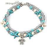 CrazyPiercing Boho Anklet Bracelet, Blue Starfish Ankle Multilayer Beach Foot Chain with Turtle Charm Anklet for Women and Girls