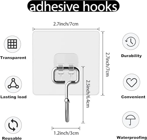SULUNZEGER Adhesive Wall Hooks, Sticky Hook Hangers for Hanging Heavy Duty, Stick Hanger 20Kg Max, No Drill Strong Self Sticker Holder for Door, Organizer, Bathroom, Kitchen, Transparent, (20Pack)