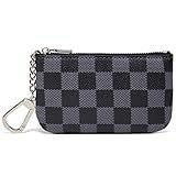 Daisy Rose Luxury Zip Checkered Key Chain pouch | PU Vegan Leather Mini Coin Purse Wallet with clasp (Black)