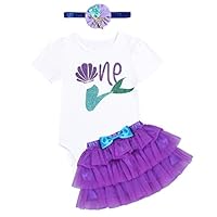 TiaoBug 3PCS Baby Girls Frist 1st Birthday Outfit Short Sleeve Mermaid Romper with Tutu Skirt and Headband Set Photos Purple & White 12-18 Months