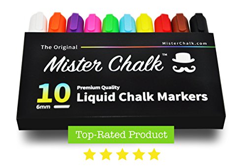 Mister Chalk Liquid Chalk Markers With Unique Reversible Tip, Pack of 10, Assorted Colors â€¦