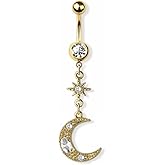 14GA 316L Stainless Steel CZ Crystal Crescent Moon with Sunburst Dangling Belly Button Ring