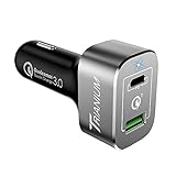 Trianium Quick Charge 3.0 USB Type-C 63W 2-Port USB Car Charger for MacBook Pro,Chromebook,Galaxy s9 s8 Edge Plus,Note 9 8,LG G7 G6,HTC 10 8 Max,Pixel 2 XL,Nexus,iPhone XR XS X,iPad [PD Chipset-ENBL]