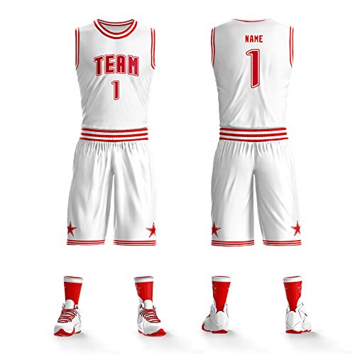 Front & Back Personalized Basketball Jersey Set Team Uniform Round Neck (White+Red)