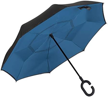 EZPELETA Reversible Inverted Umbrella. Windproof and Manual with Handle in C. Double Layer Fabric - Blue