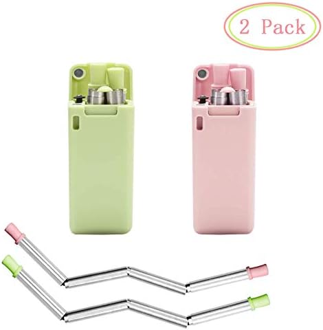 2 Pack Collapsible Stainless Steel Straws, Safe Foldable Dringking Straws, Perfect for Kids, Girls, Women, Pink & Green