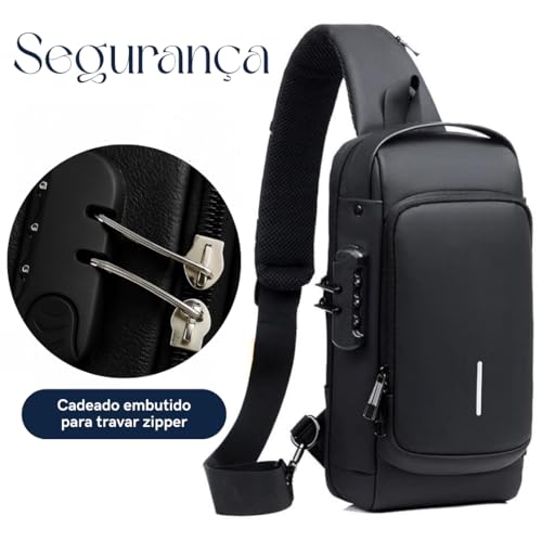 Mochila Transversal Masculina Mochila Feminina Unissex com cadeado à prova d água anti-roubo bolsa com porta de carregamento USB bolsa de ombro Impermeável Premium