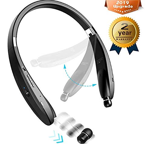 Bluetooth Headphones Wireless Neckband Headset – Sweatproof Foldable Earphones with Mic, Retractable Earbud and 16 Hours Play Time for iPhone Android Cellphone Tablets TV